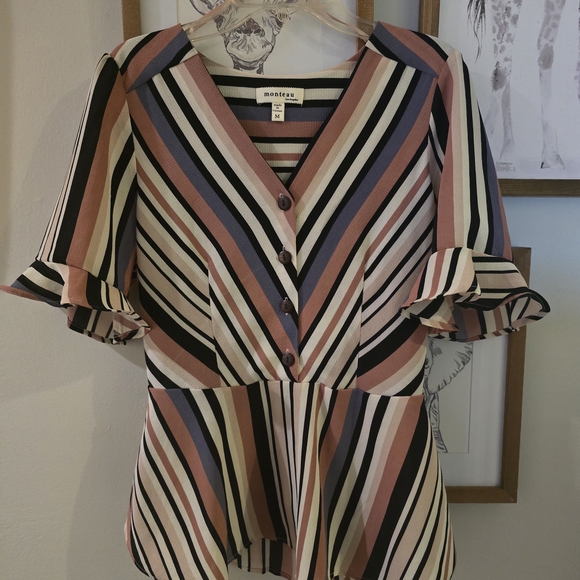 Monteau Striped V-Neck Peplum Blouse .NWOT - Picture 4 of 5